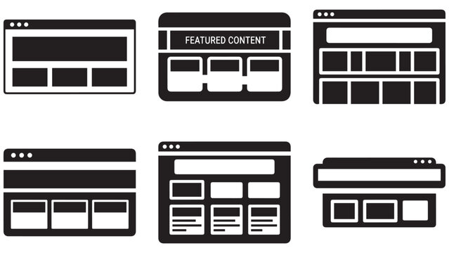 Dark website wireframe layouts with browser mockups and featured content blocks for responsive webpage design concepts