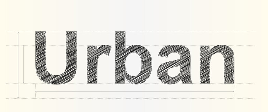 Artistic hand drawn sketch typography of the word Urban with technical engineering measurement lines overlay