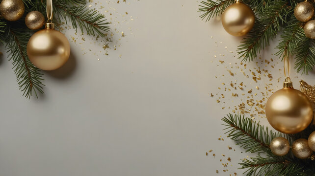 Christmas background with pine branches, golden baubles and glitter frame on beige.
