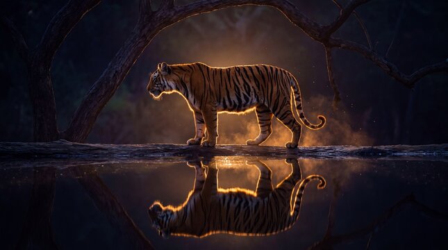 A beautifully lit Bengal tiger navigates a dark rainforest, its glowing silhouette reflecting in the calm water.
