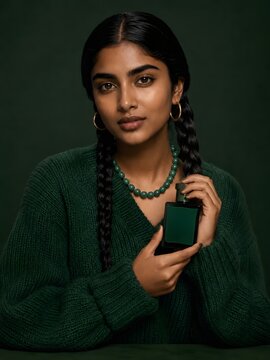 Young South Asian woman presents a dark green perfume bottle beside her braid, combining fragrance advertising with rich monochromatic styling and quiet confidence.