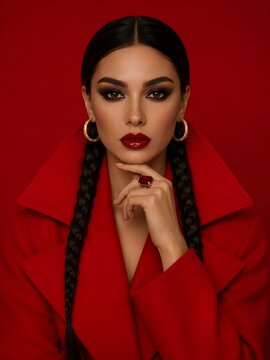 Centered fashion portrait of a woman wearing a sculptural red coat with wide collar, twin braids, gold hoop earrings and dramatic red lipstick.