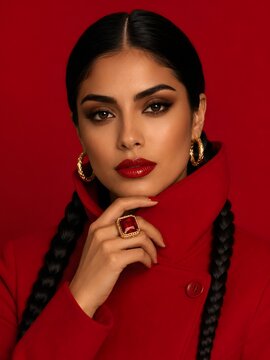 Beauty editorial portrait of a woman in a structured red high-collar coat with long braids, gold earrings and a statement red ring against a red backdrop.