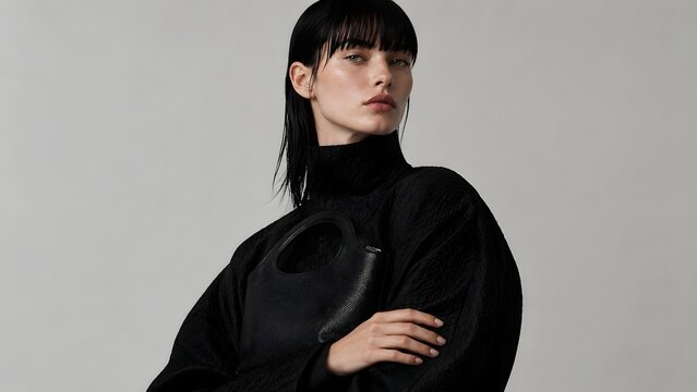 Editorial fashion portrait of a woman wearing a sculptural black high-neck garment with exaggerated rounded forms against a minimal gray studio backdrop.