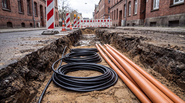 Open trench in a city street with new underground power cables laid during grid modernization works before winter