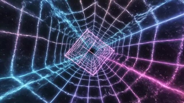 Futuristic grid tunnel animation with neon lights leading to the dark abyss, retro digital space.