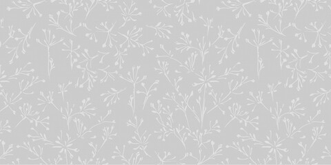 Fototapeta premium Seamless Botanical Pattern with Delicate White Floral Silhouettes on Gray Background. Ideal for Wallpaper, Textiles, Wrapping Paper, Branding, Packaging and Surface Design.