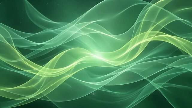 Abstract green and yellow flowing light waves with glowing particles