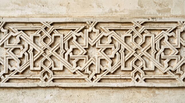 Detailed Islamic Geometric Stone Carving Panel With Intricate Arabesque Patterns on Light Beige Wall