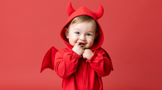 Infant with a cute expression wearing a devil costume, representing childhood fun, innocence, and upcoming Halloween celebrations