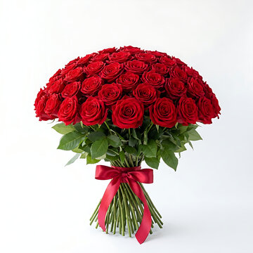 Elegant arrangement of blooming crimson roses tied with a red bow over a plain white background.