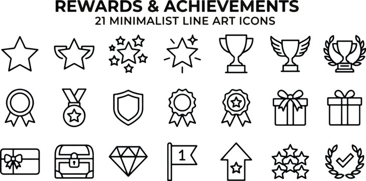 Reward and loyalty program icon set with stars, gifts, rocket, achievements. Success symbols for customer recognition, bonus points, goal targeting, membership benefits. Blue duotone line vector