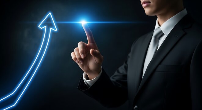 Businessman in suit points to a glowing upward arrow, symbolizing growth