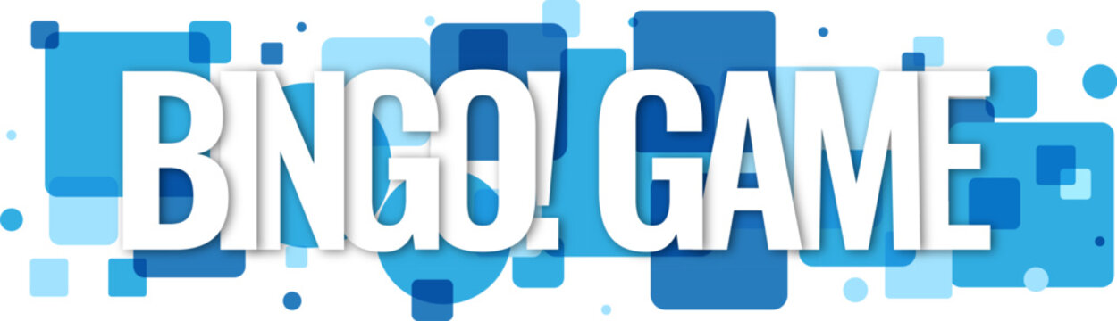 Bingo Game text written in white letters over a blue geometric square pattern header design