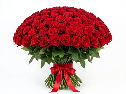 Beautiful large cluster of deep red roses tied together with a matching red ribbon for romance.