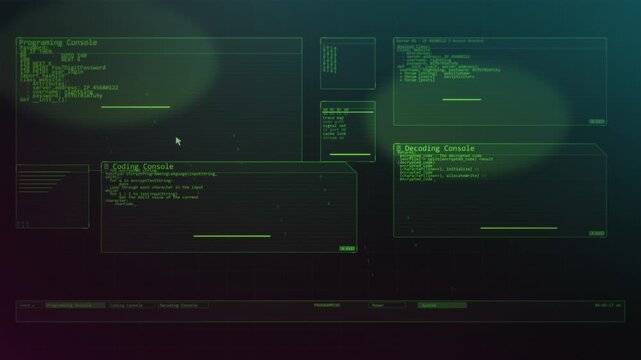 Green retro computer terminal with programming, coding and decoding consoles typing live on a dark gradient screen, classic hacker aesthetic for cyber themed video