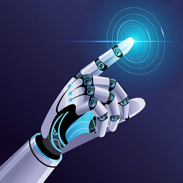 Robot finger touching a digital interface: A close-up view of a futuristic robotic hand with intricate detailing, its index finger poised to interact with a glowing blue digital interface.