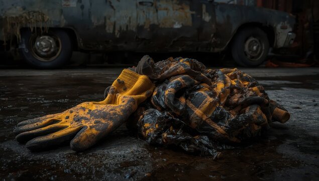 soiled cloths and gloves tainted with oil, illustrating B3 hazardous waste.