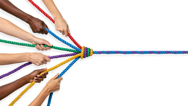 Diverse hands pulling multi-colored ropes together into one single knot