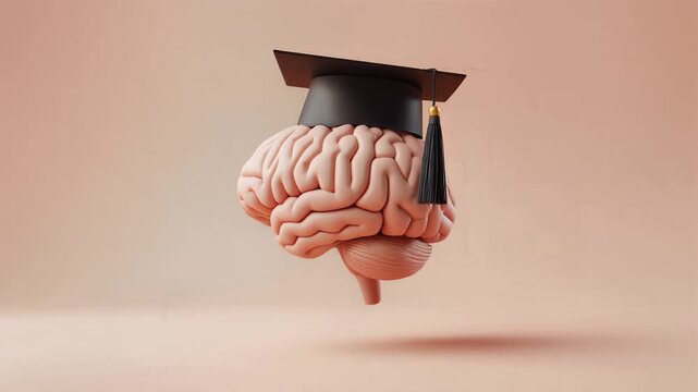 Human Brain with Graduation Cap, Subtle Rotation Animation, Isolated on Minimalist Background, Representing Knowledge Acquisition, Academic Achievement, and Intellectual Growth Concepts