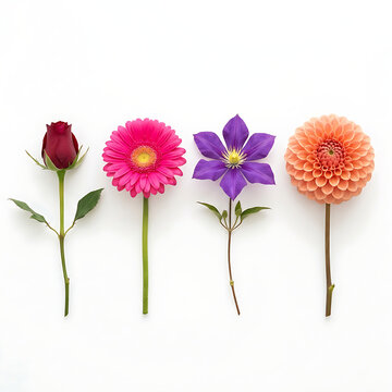 Colorful lineup of four separate botanical flowers featuring stems and leaves presented cleanly on a white background.