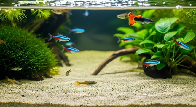 lush planted aquarium with diverse tropical fish and sandy substrate