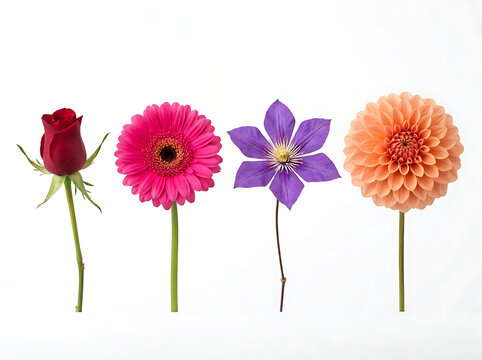 Four diverse flora specimens including pink gerbera and peach dahlia arranged vertically against a clean white background.