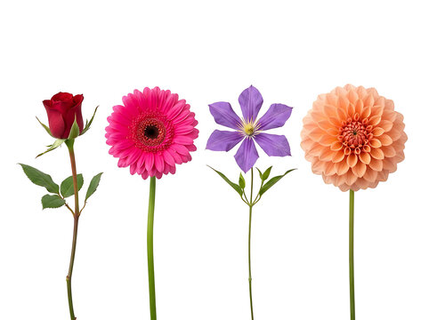 Beautiful assortment of individual flowers like a red rose and purple clematis displayed neatly on a white surface.