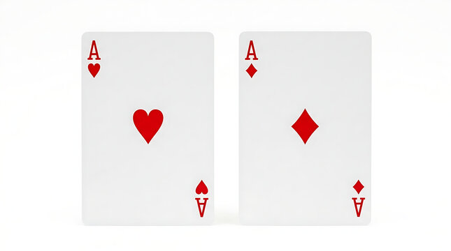 Studio shot of two high ranking red ace playing cards standing side by side against white.