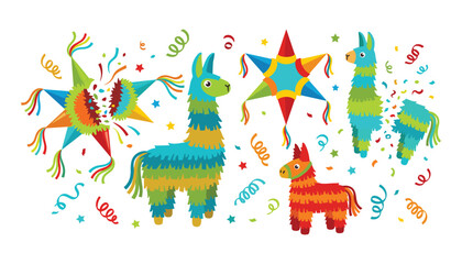 Vector collection of Mexican fiesta pinatas featuring colorful star shape and cute llama designs with confetti elements © moinul