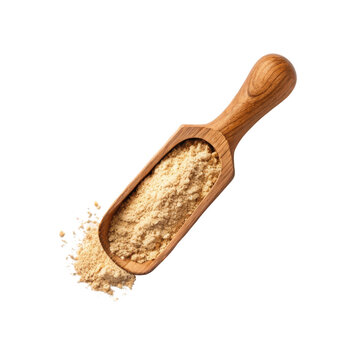 Wooden scoop filled with herbal powder ingredient for supplement nutrition wellness product formulation branding