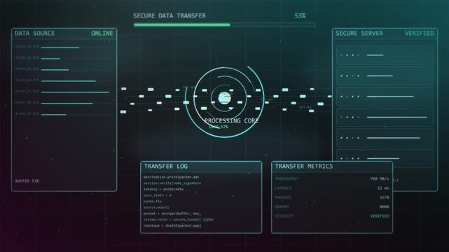 Encrypted file blocks travel from a data source through a spinning processing core to a verified secure server, cinematic HUD animation for cybersecurity explainers