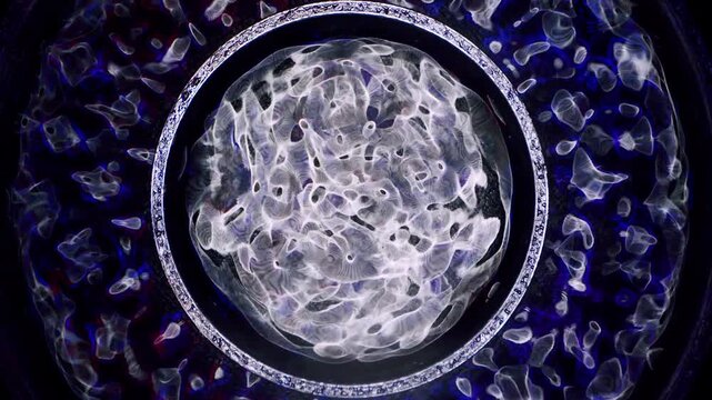 Abstract cymatic patterns formed by sound vibrations in liquid, scientific visualization of wave frequencies.