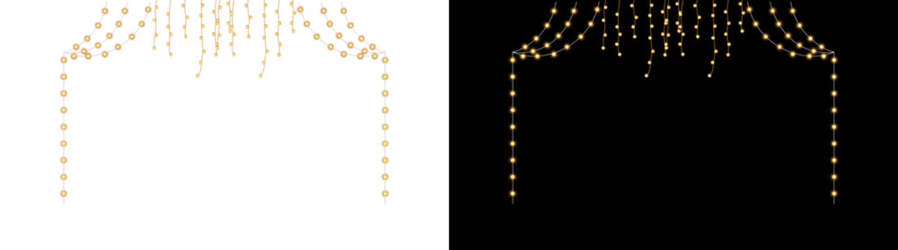 Gold string lights hanging in a glowing curtain frame with cascading warm bulbs ideal for party decoration design available in PNG, Transparent and Black Background Versions