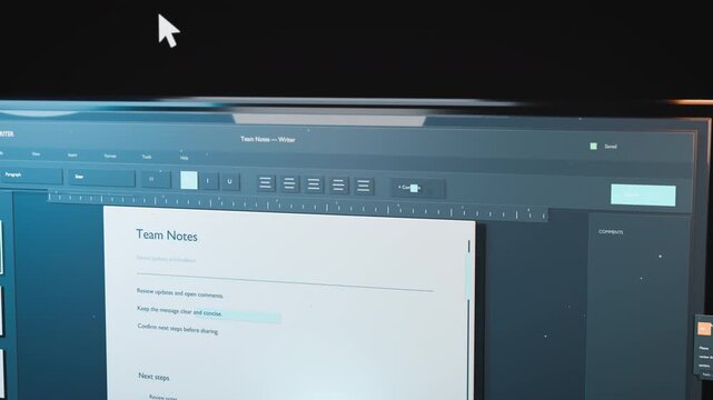 Angled monitor view of a shared team notes document with toolbar, comments panel and saved status, polished office software animation for saas and corporate promo