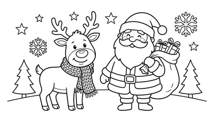 Santa Claus with reindeer and gifts in a winter landscape vector illustration for children's holiday activities © MdJamil