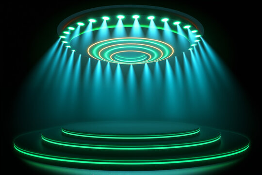 Futuristic neon green holographic portal with circular glowing platforms, powerful vertical laser light beams connecting the upper and lower rings