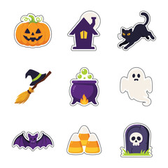 Fototapeta premium Cute halloween stickers set with pumpkins and spooky magic decorations.