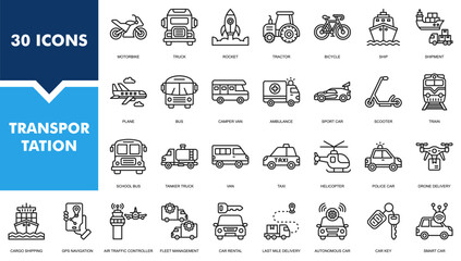Fototapeta premium Transportation Icon Set Collection. Containing Car, Truck, Bus, Train and more. Line vector illustration