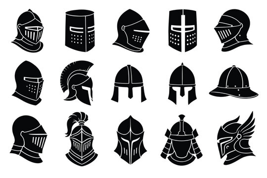 Set of medieval knight helmet icons, historical armor headgear