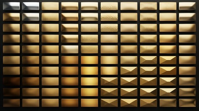 A grid of metallic rectangular tiles with various gold and silver finishes and textures