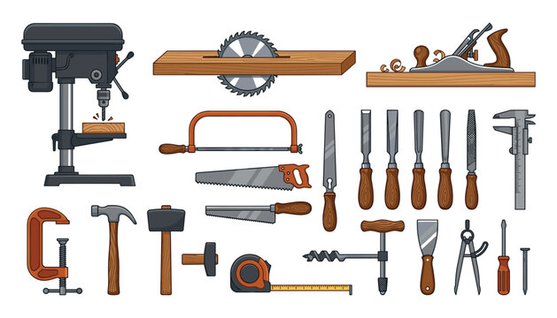 Woodworking tools vector icon set with drill press circular saw hand saws chisels hammer caliper and clamps flat illustration