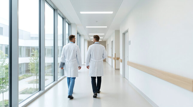 Back View Full Length Shot Of Two Professional Medical Doctors In White Coats Walking Down A Bright Modern Hospital Corridor