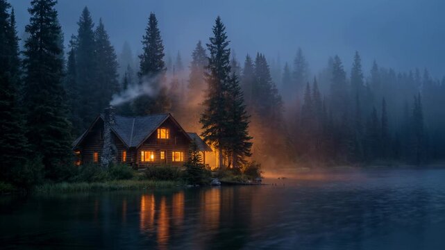 Cozy cabin by misty lake glows warmly with smoke spiraling from chimney, embraced by tall trees