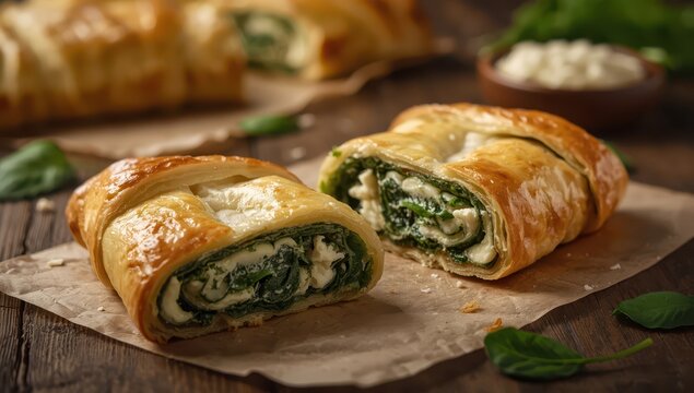 Spinach and feta strudel. Puff pastry with spinach and ricotta. Close-up.