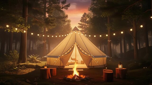 Cozy Camping Scene at Sunset Warmly Lit Tent, Lanterns, Fire, and Forest Ambiance
