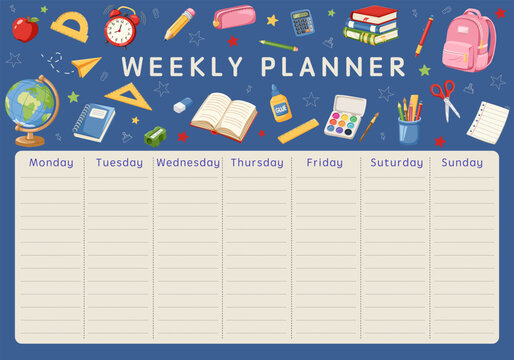 Weekly planner with school stationery, books and education supplies. Schedule template for study planning, lessons and tasks on dark blue background. Vector hand drawn cartoon illustration