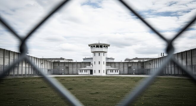 High Security Prison Courtyard with Watchtower and Concrete Walls Viewed Through a Chain Link Fence