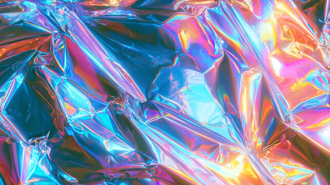 Holographic iridescent foil texture background rainbow sheen crinkled folds