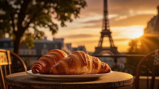 Golden Croissants on Rustic Table in Cozy Parisian Morning with Eiffel Tower Backdrop